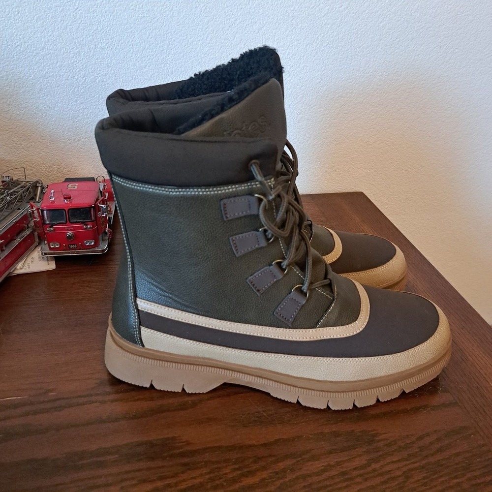 Totes Moraine Mens Winter Boots Olive Green Tan Faux Fur Lined Lace Up 11W